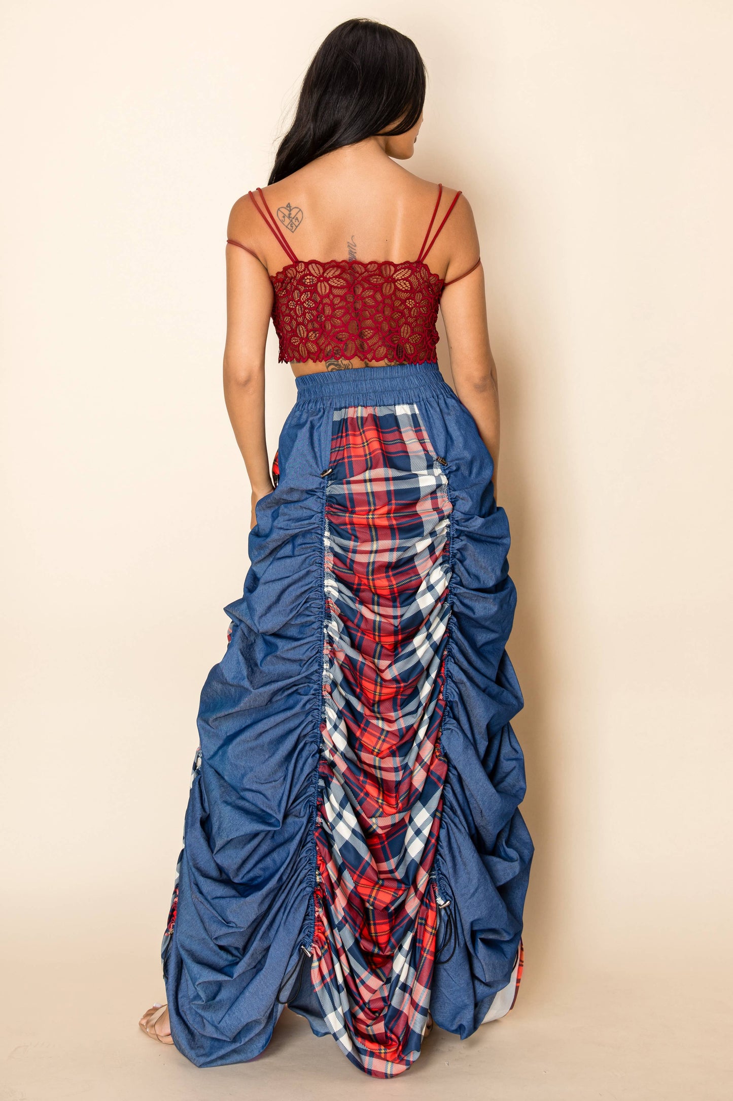 PLAID AND DENIM MAXI SKIRT WITH DRAWSTRINGS