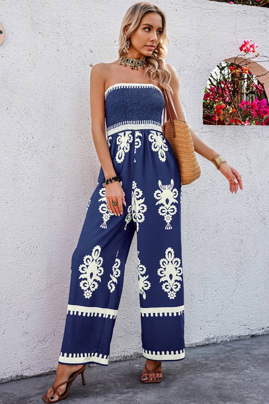 Geo Print Off Shoulder High Waist Fit Jumpsuit: NAVY