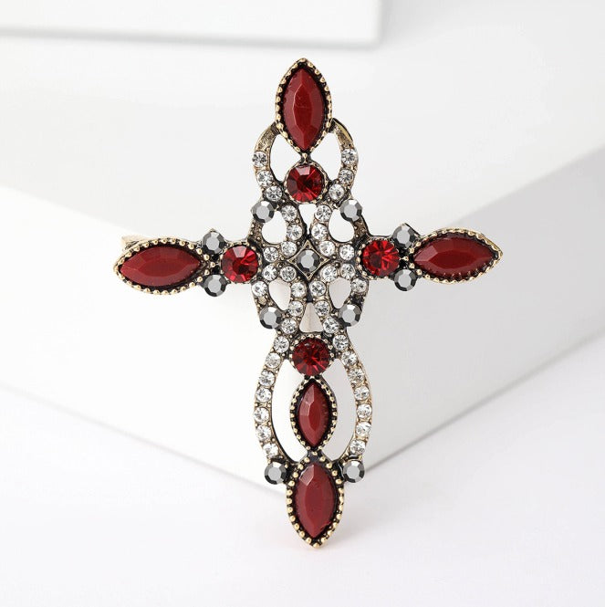 Encrusted Ruby Cross Brooch