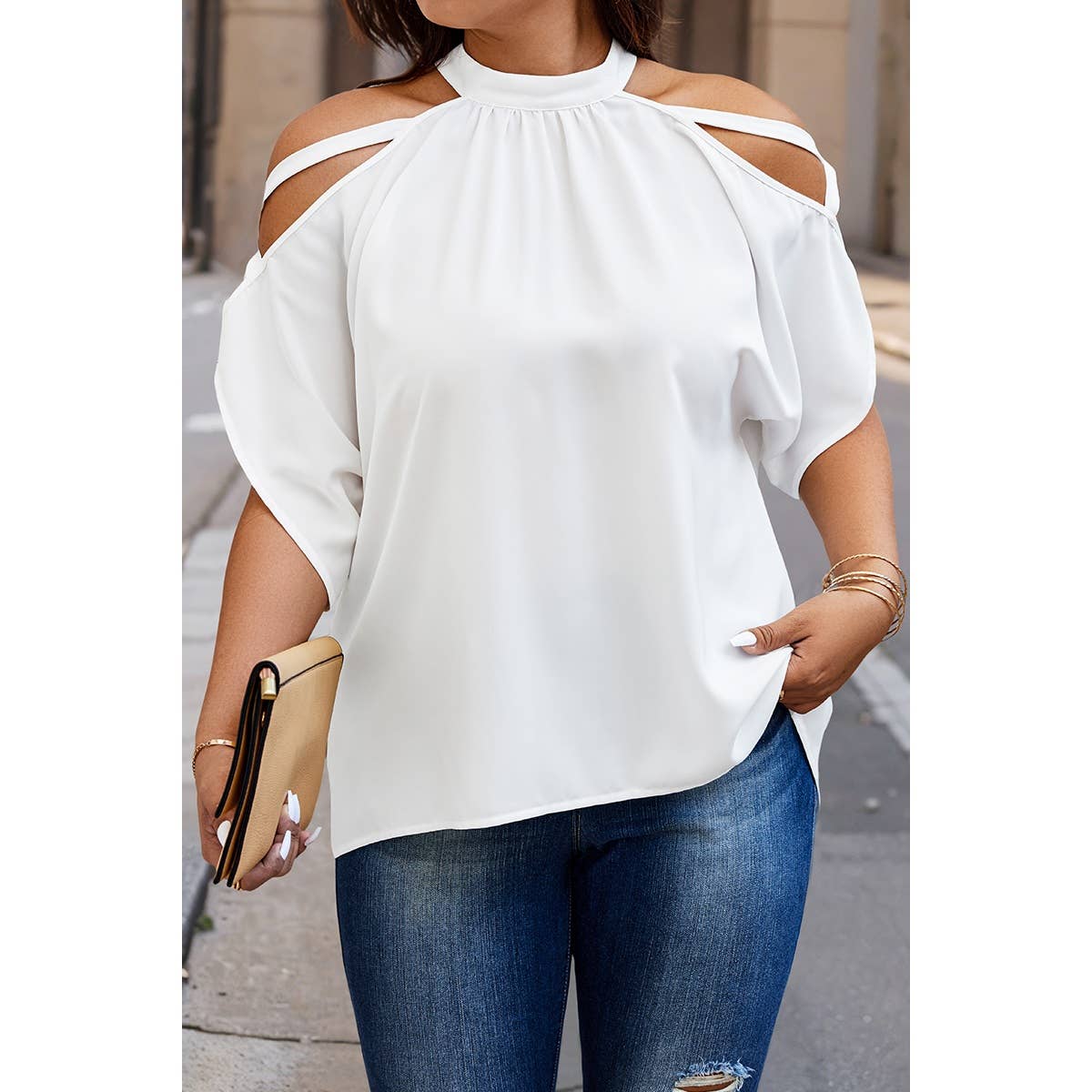 Plus Halter Open Shoulder Bat Sleeves Loose Top: WHITE / 3XL