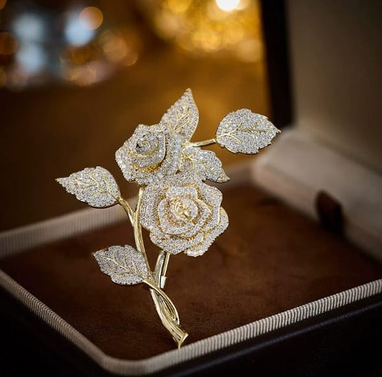 Double Rose Stalk Gold Brooch