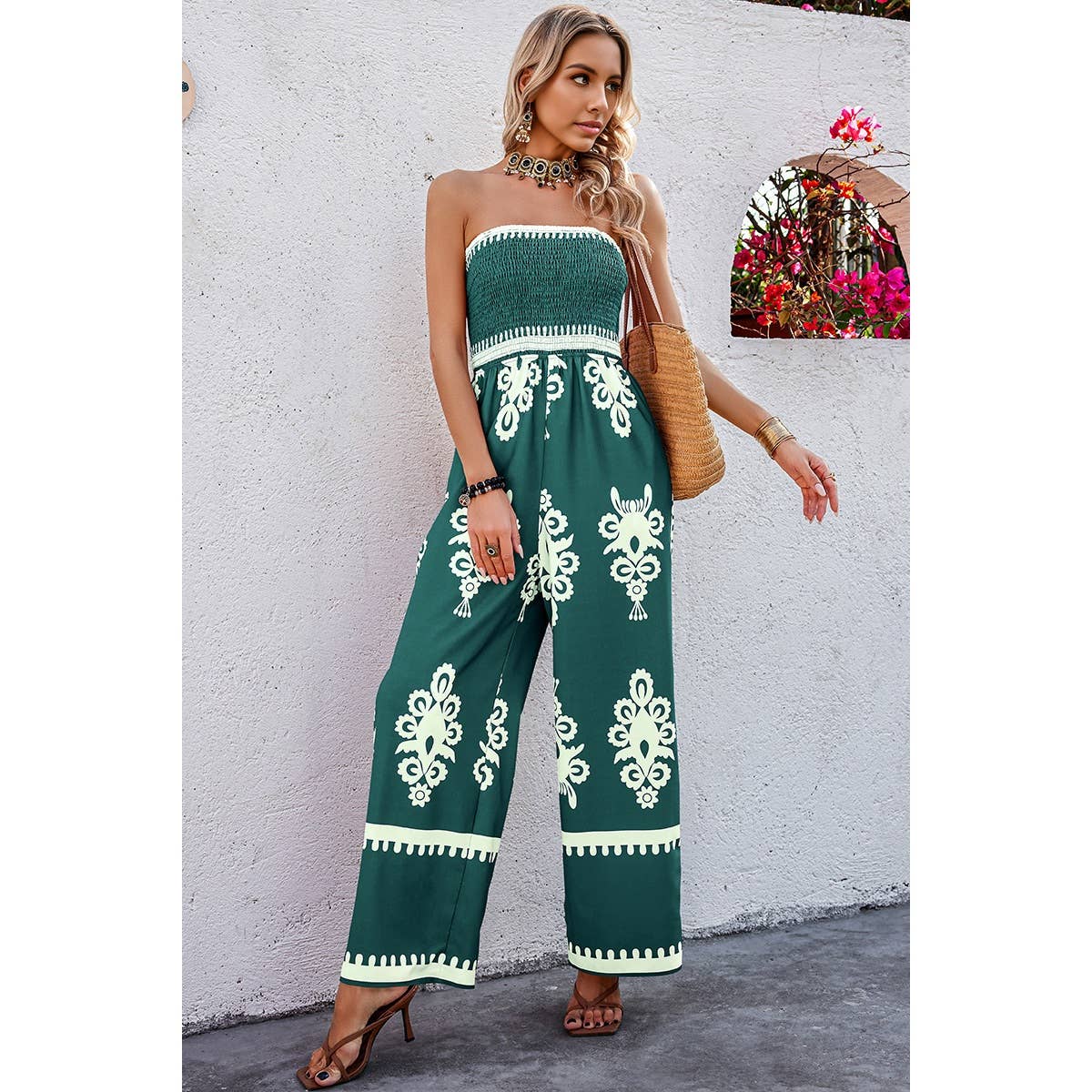 Geo Print Off Shoulder High Waist Fit Jumpsuit: GREEN