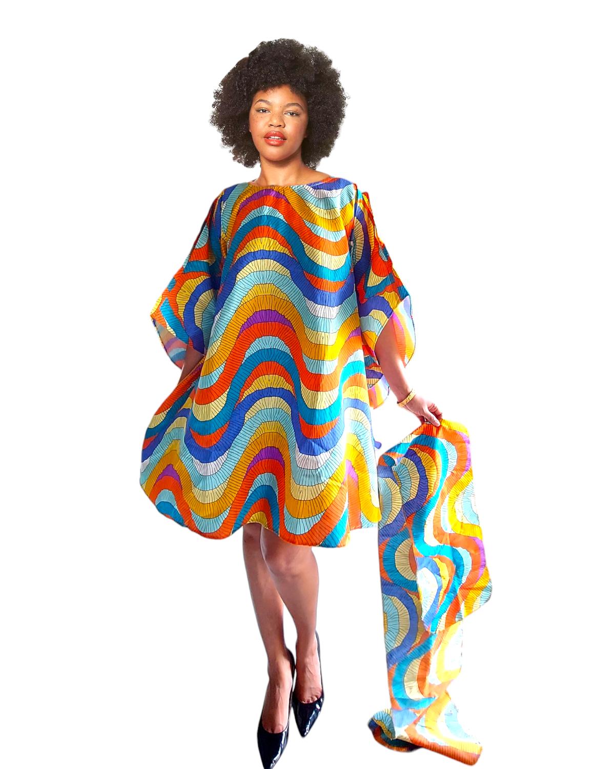 Faux Silk Wing Dress/Poncho Dress/ Wing Sleeves-Printed 25032D: Regular Size