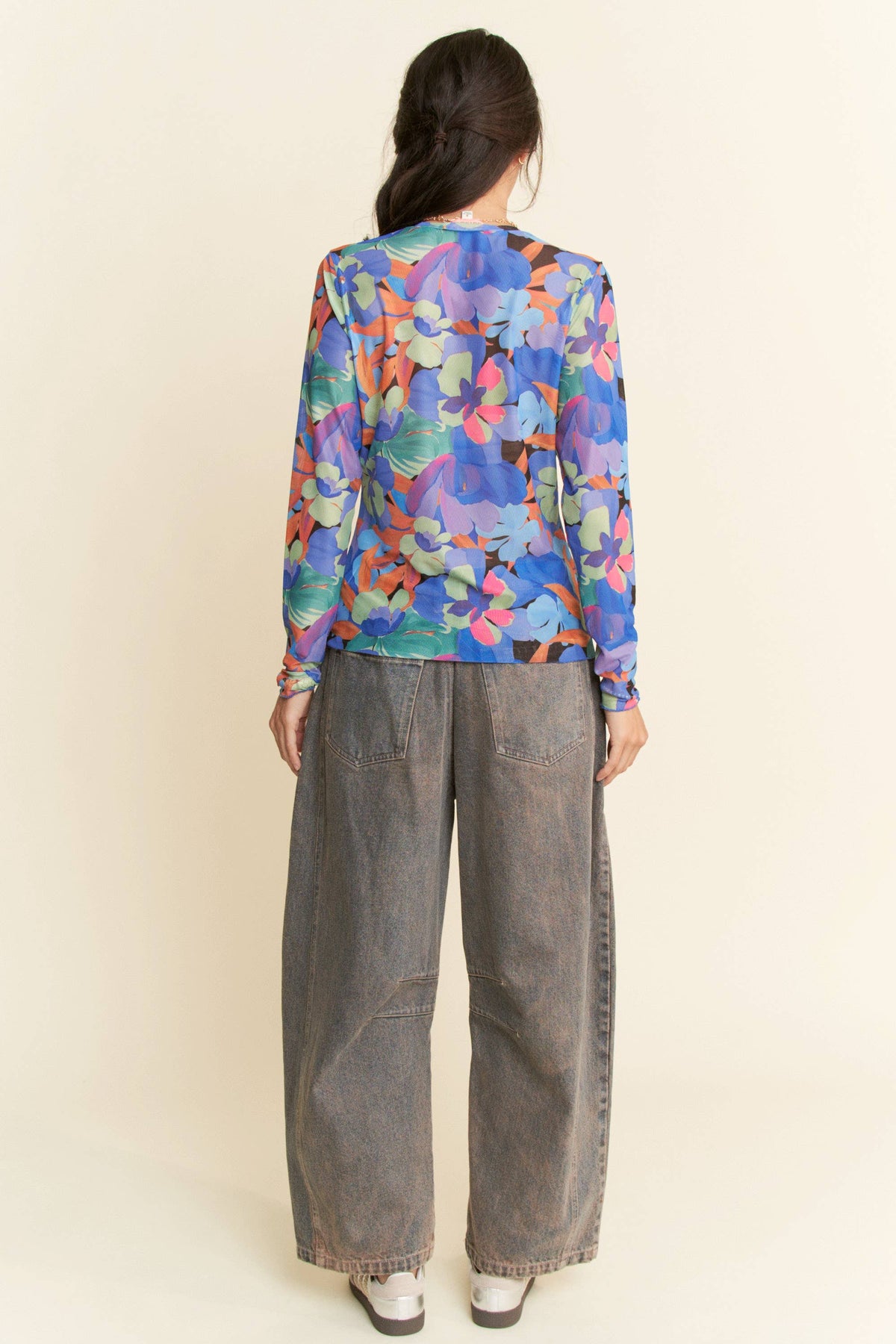 Plus - Vibrant Floral Print Mesh Long Sleeve Top: Pink Multi / 1XL