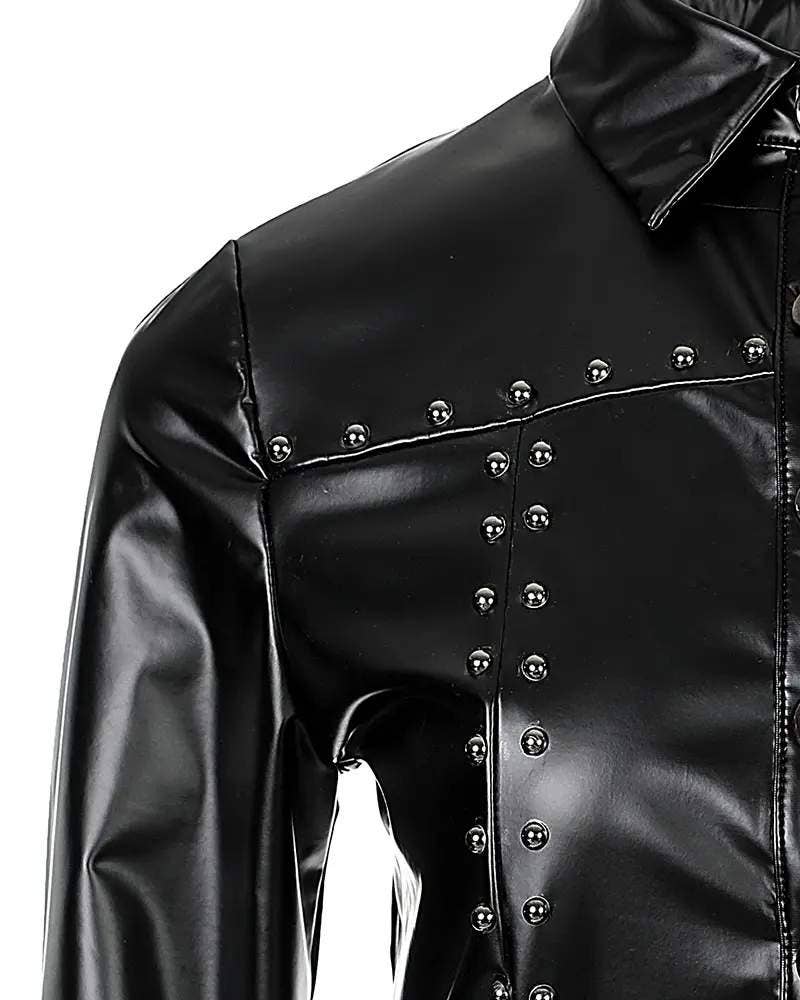 Studded decor pu leather button down shirt: BLACK / 1-1-1-1 / S-M-L-XL