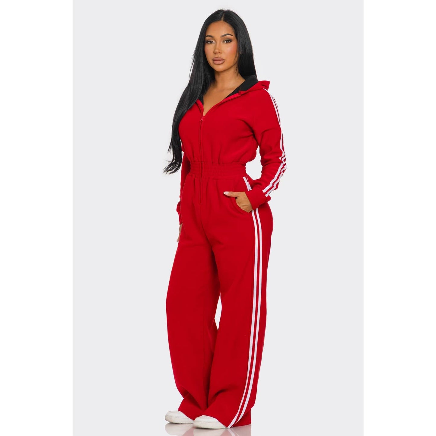 Striped Zip Up Hooded Jumpsuit: GREEN / S-M-L(2-2-2)