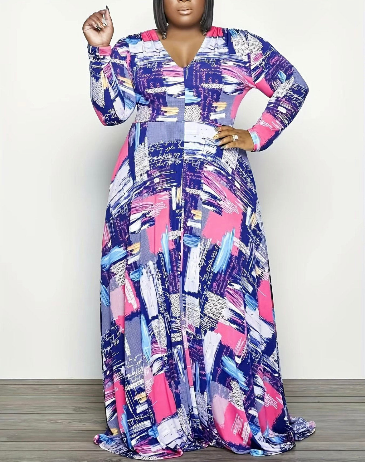 Purple Print V Neck Dress