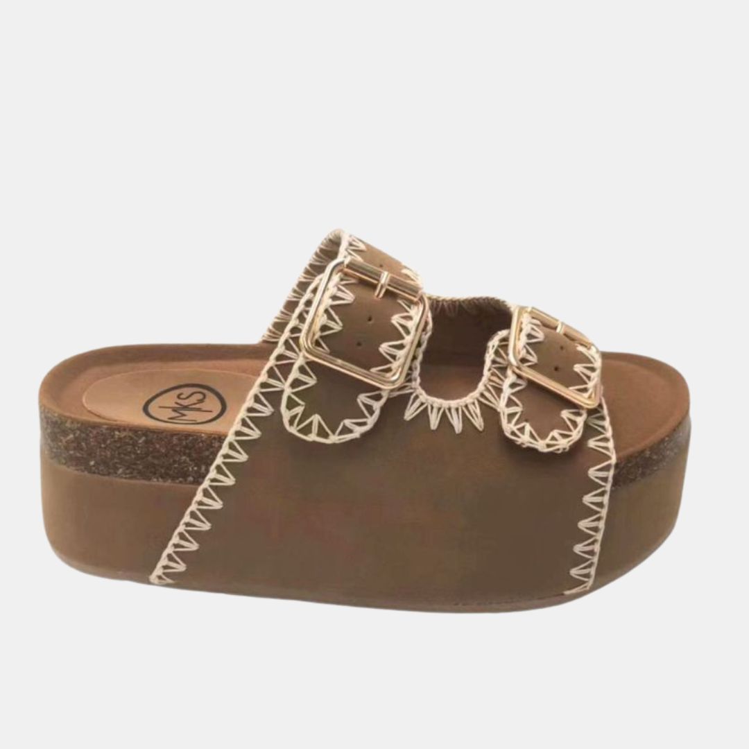 Nina 3 Embroidered Flatform – Double Buckle Slide with Artisan Stitching