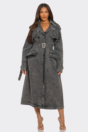 Plus Size Distressed Denim Trench Coat