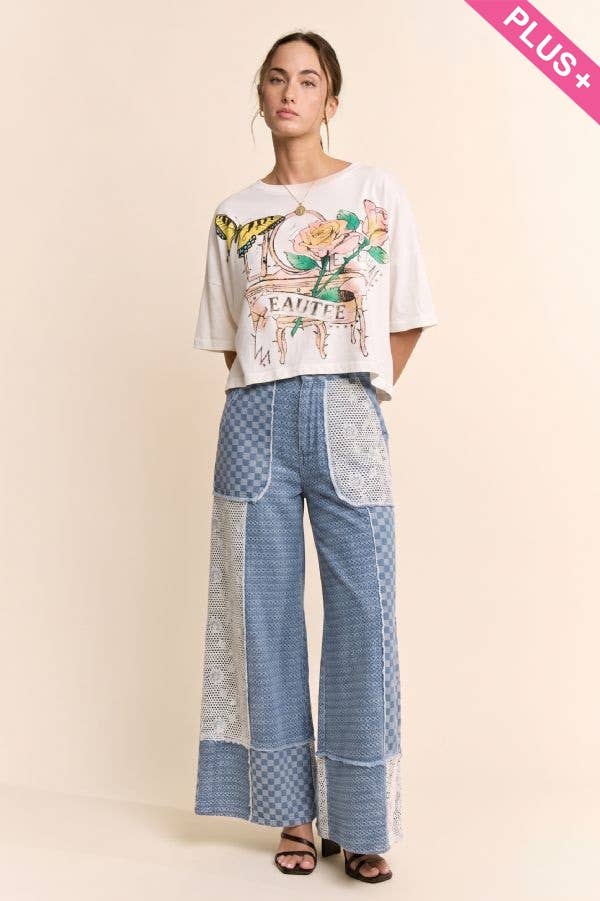 Plus - Checkered Denim Lace Patch Wide-Leg Pants: LIGHT DENIM MULTI / 1XL-2XL-3XL(3-2-1)