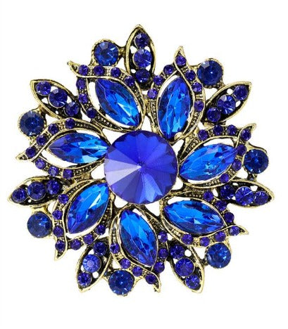 Encrusted Blue Gold Round Brooch