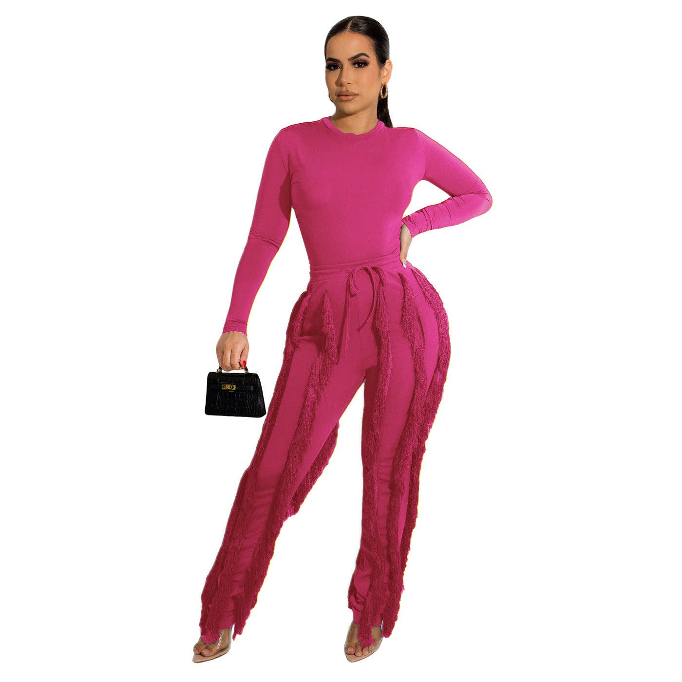 MB FASHION Long-Sleeve Fringe Top and Pants Set 223LY: ROSE / M