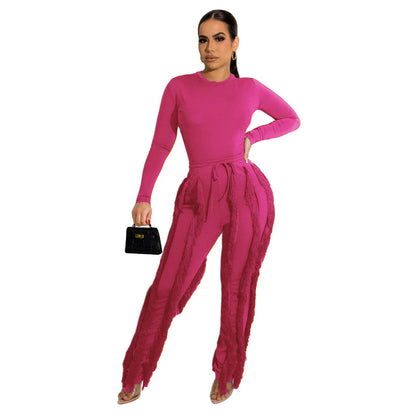 MB FASHION Long-Sleeve Fringe Top and Pants Set 223LY: ROSE / M