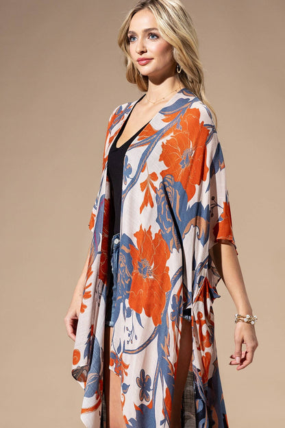 Dusk Floral Viscose Kimono: ORANGE BLUE MULTI