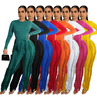 MB FASHION Long-Sleeve Fringe Top and Pants Set 223LY: BLUE / M