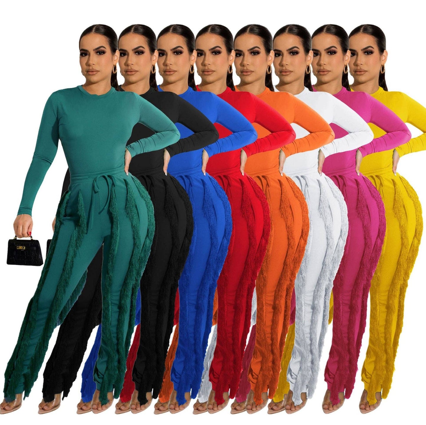 MB FASHION Long-Sleeve Fringe Top and Pants Set 223LY: ORANGE / M