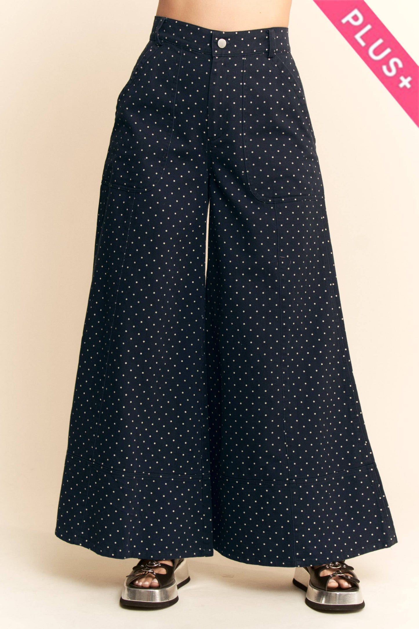 Plus - Washed Floral Print Wide-Leg Pants: NAVY DOT / 3XL