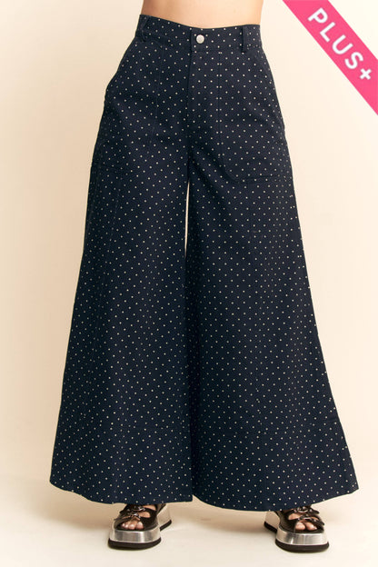 Plus - Washed Floral Print Wide-Leg Pants: NAVY DOT / 3XL