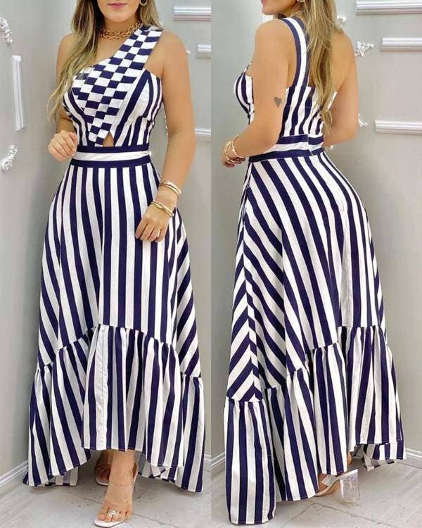 One shoulder striped colorblock casual dress: ORANGE / 1-1-1-1 / S-M-L-XL