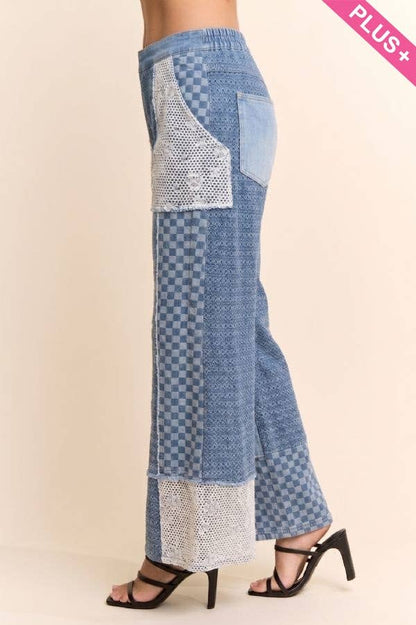 Plus - Checkered Denim Lace Patch Wide-Leg Pants: LIGHT DENIM MULTI / 1XL-2XL-3XL(3-2-1)