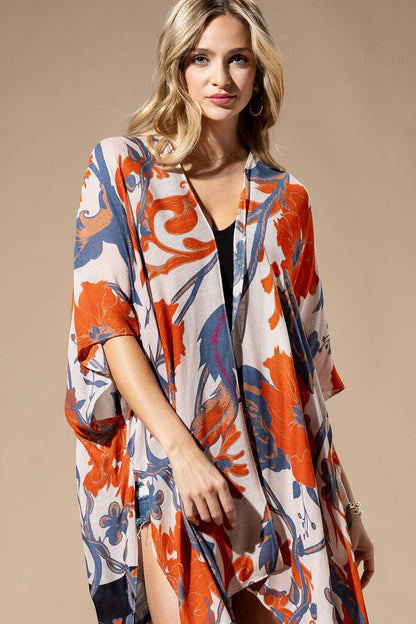 Dusk Floral Viscose Kimono: ORANGE BLUE MULTI