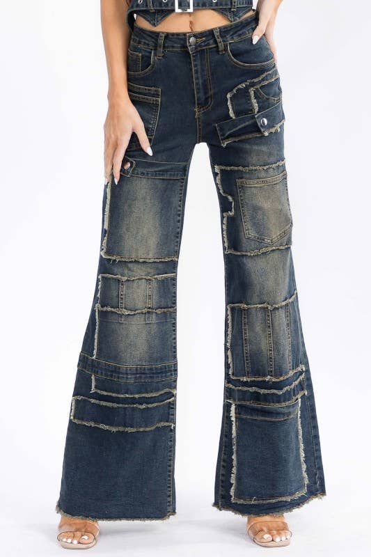 Plus Size Denim Jeans Pockets Baggy Wide Legs Pant: Denim / 3XL