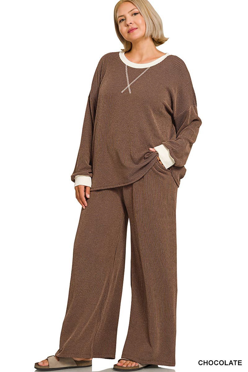 Plus Raised Rib Round Neck Pullover & Pants 2PC Set: +GREY-205252 / 3X