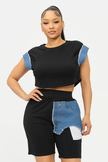 Color Block Denim Sleeve Top And Biker Shorts Set: Fuchsia-Denim / 1-2-2-1 (S-M-L-XL)