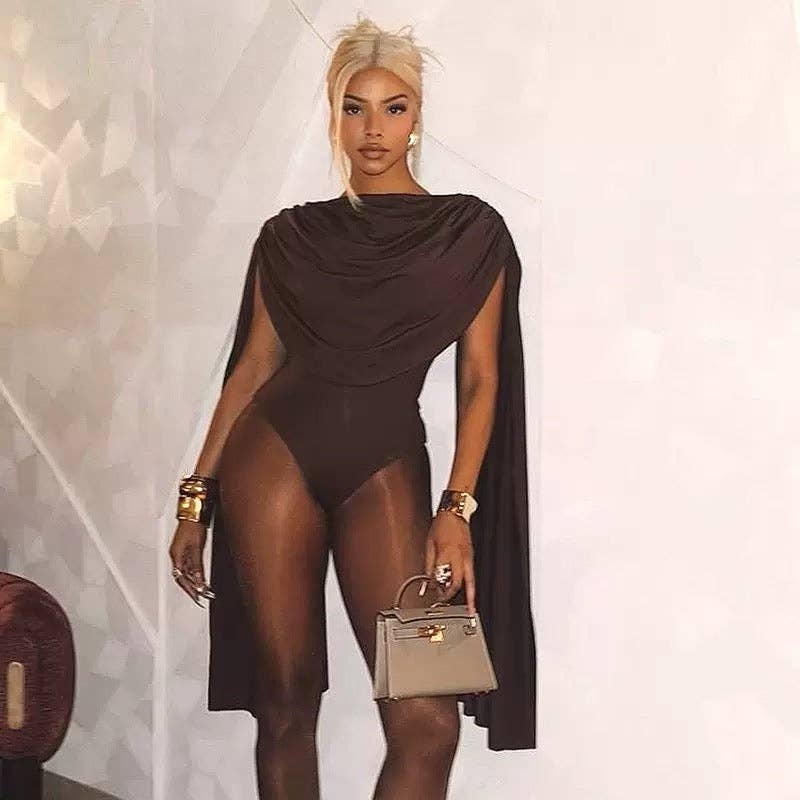 MB FASHION Draped Cape Sleeve Bodysuit 670: BLACK / M