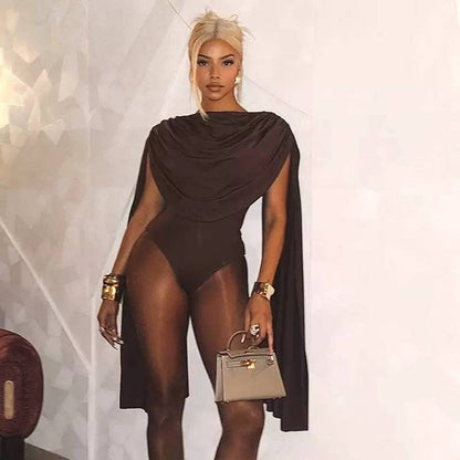 MB FASHION Draped Cape Sleeve Bodysuit 670: BLACK / M