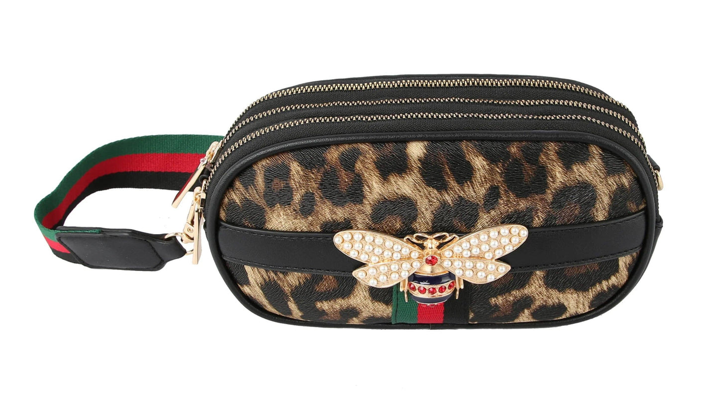Rhinestone Bee Leopard Print Crossbody Bag: LQ215-BR