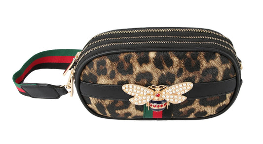 Rhinestone Bee Leopard Print Crossbody Bag: LQ215-BR
