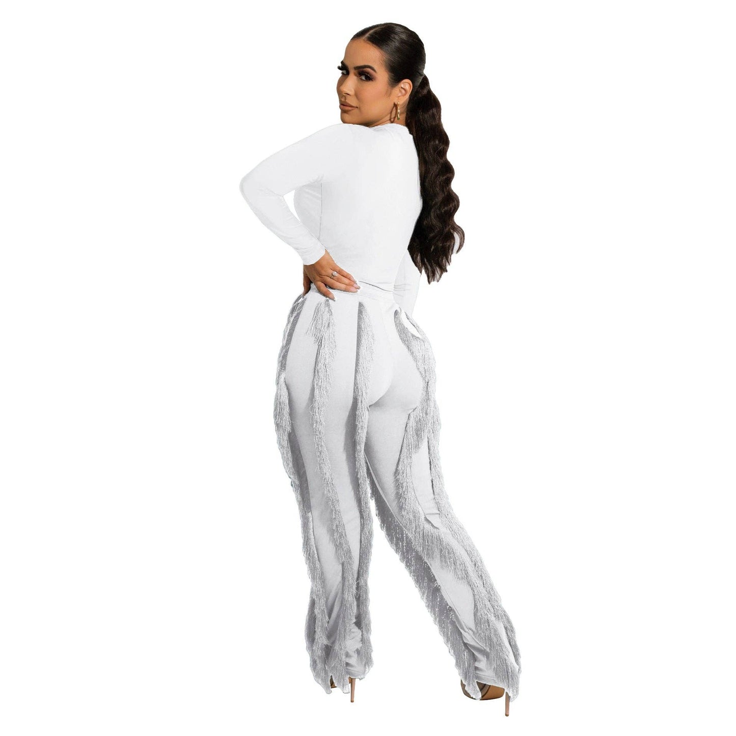 MB FASHION Long-Sleeve Fringe Top and Pants Set 223LY: ROSE / M