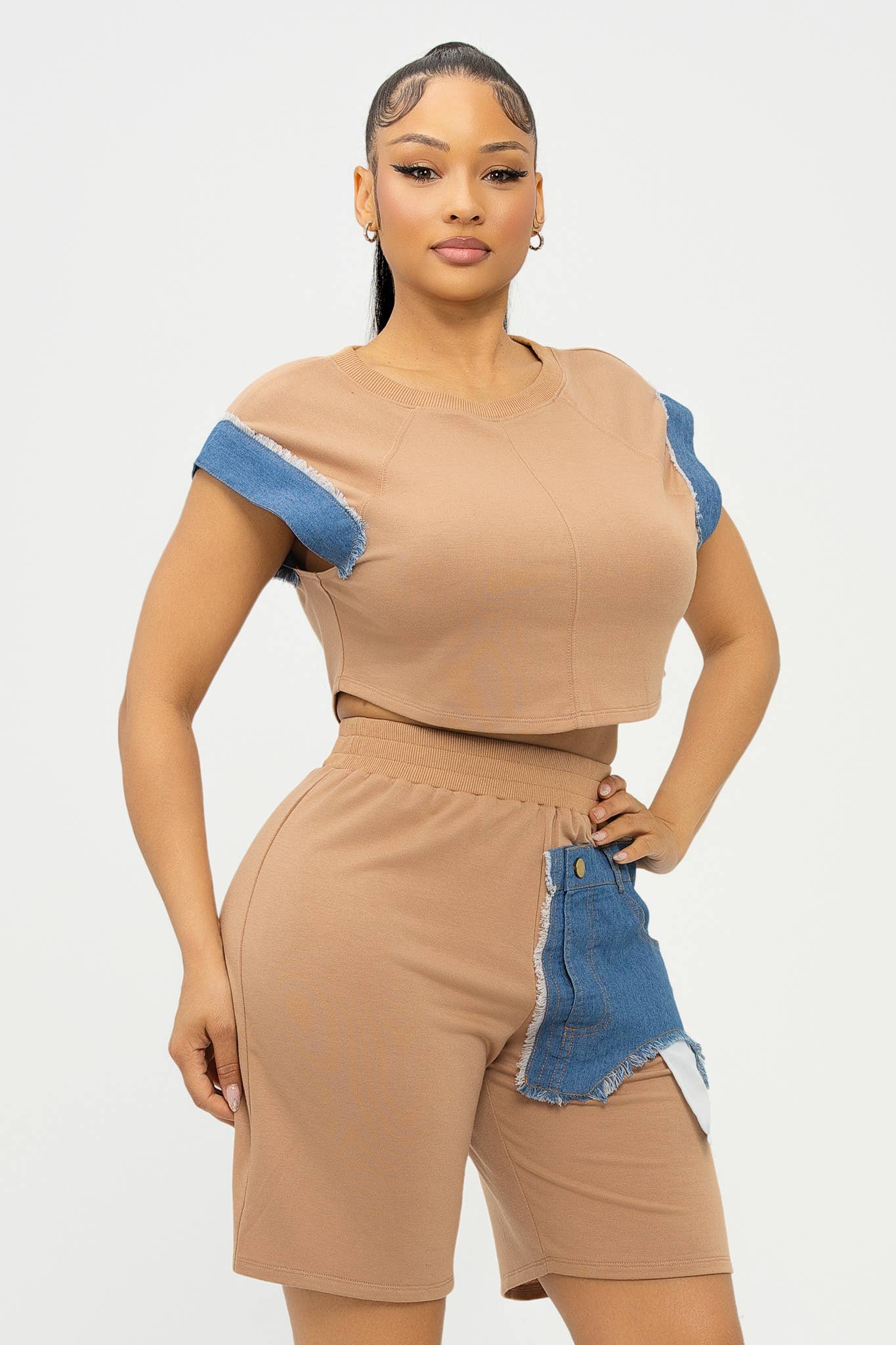 Color Block Denim Sleeve Top And Biker Shorts Set: Mocha-Denim / 1-2-2-1 (S-M-L-XL)