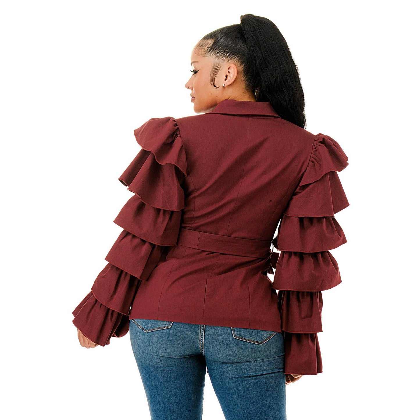 Plus Layered Ruffle Sleeve Waist Tie Blazer Jacket: OLIVE / 1XL-2XL-3XL(1-1-1)