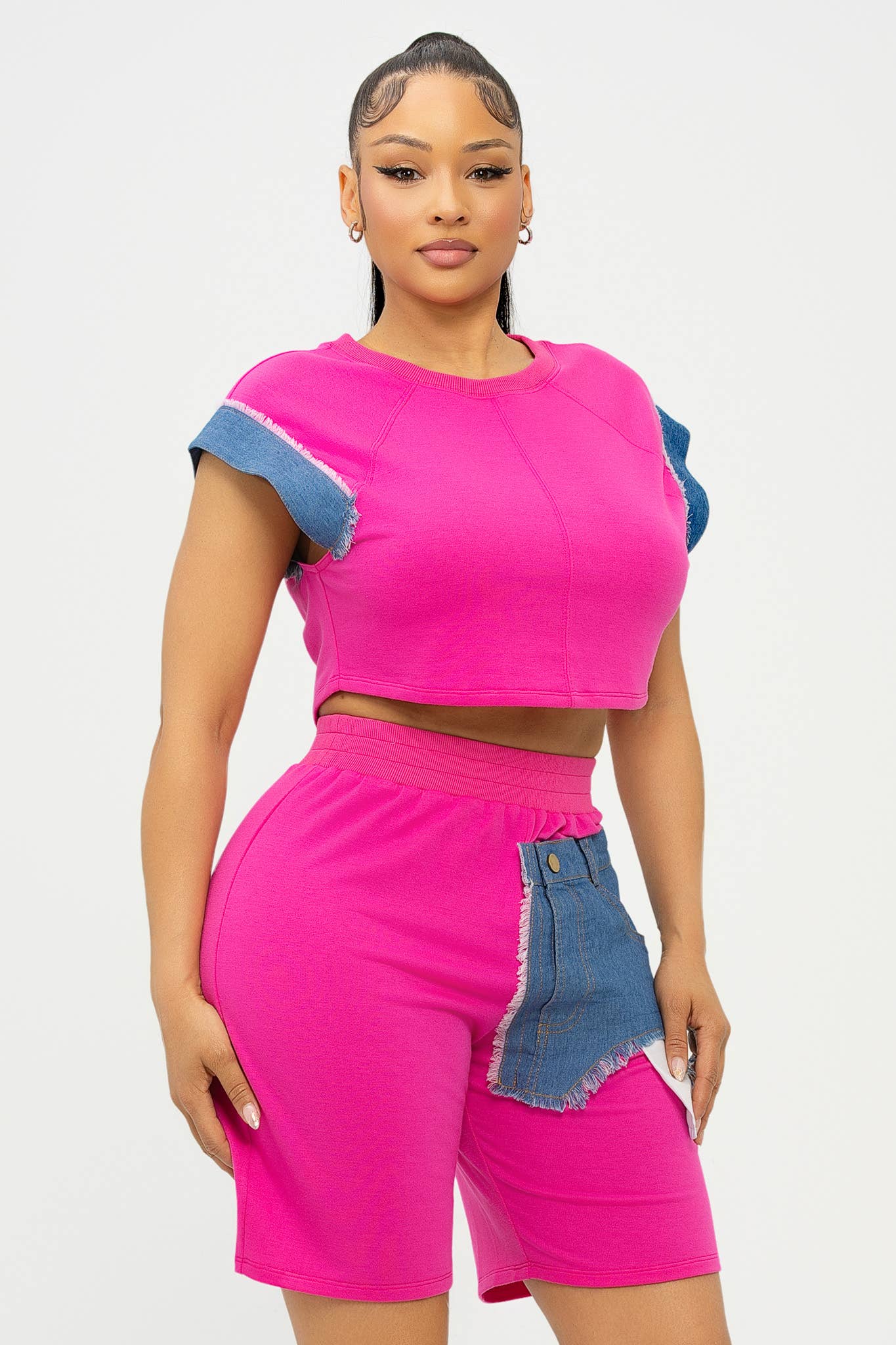 Color Block Denim Sleeve Top And Biker Shorts Set: Mocha-Denim / 1-2-2-1 (S-M-L-XL)