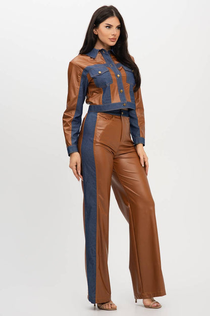Pu Fabric Denim Contrast Jackets And Pants Set : Cognac / 1-2-2-1 (S-M-L-XL)