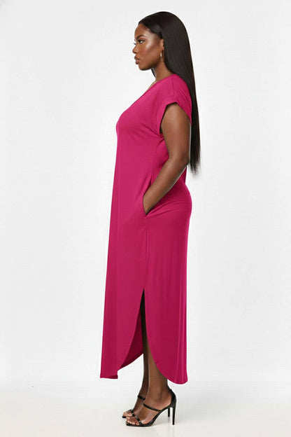 Plus Size Hidden Pocket Batwing Sleeve V Neck Long Dress: FUCHSIA / 3X