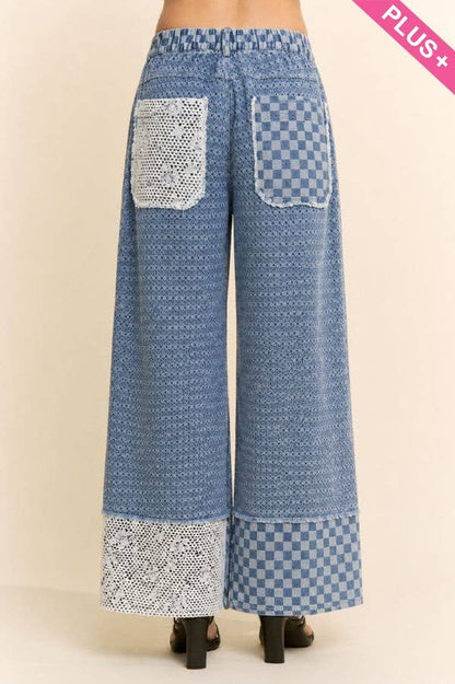 Plus - Checkered Denim Lace Patch Wide-Leg Pants: LIGHT DENIM MULTI / 1XL-2XL-3XL(3-2-1)