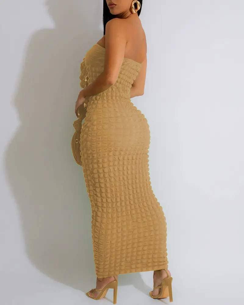 Bandeau tied detail bubble textured maxi dress: APRICOT / 1-1-1-1 / S-M-L-XL