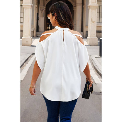 Plus Halter Open Shoulder Bat Sleeves Loose Top: WHITE / 3XL