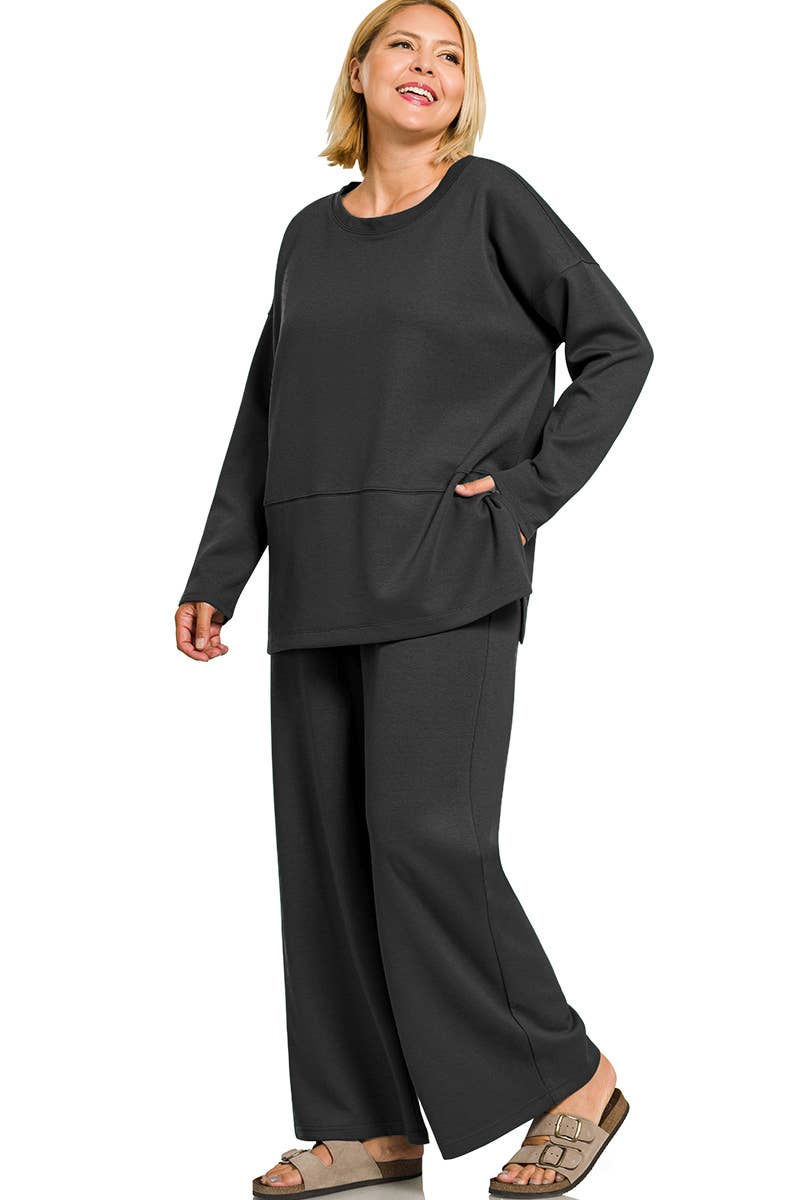 Plus Scuba Side Slit Top & Pants 2PC Set: +HUNTER GREEN-203717 / 1X