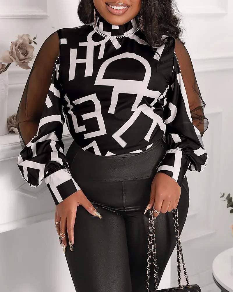 Decor letter print sheer mesh lantern sleeve top: BLACK / 1-2-2-2-1 / S-M-L-XL-2XL