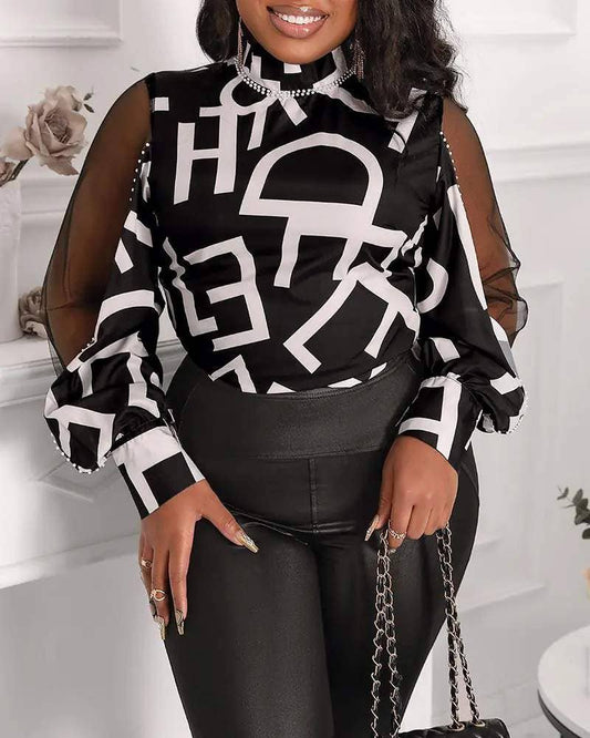 Decor letter print sheer mesh lantern sleeve top: BLACK / 1-2-2-2-1 / S-M-L-XL-2XL