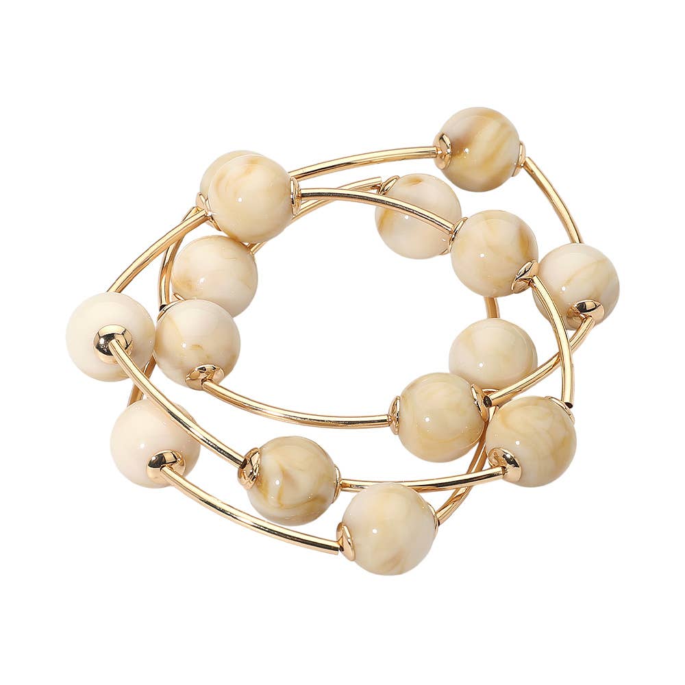 3PCS - Round Ball Wire Beaded Stretch Multi Layered Bracelets: Beige,Gold