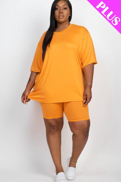 Plus Size Loose Fit Top & Bike Shorts Set: Taupe / 3X
