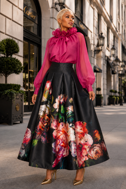 B11321 RUFFLE TIE NECKLINE ORGANZA TOP (RED, GRN, PNK): GREEN / M
