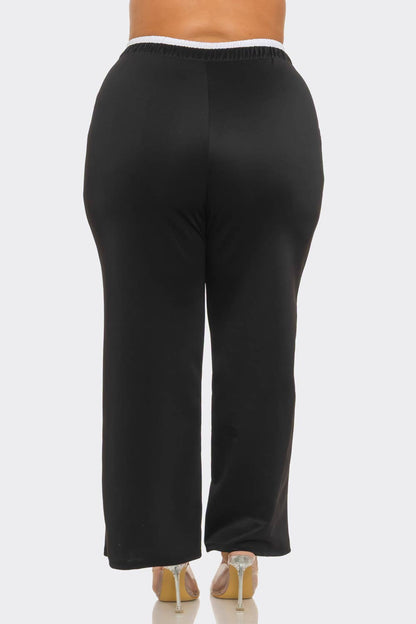 Plus Size Front Stripe Tapping Detail Wide Leg Pants: Black-White / 2-2-2 (1XL-2XL-3XL)