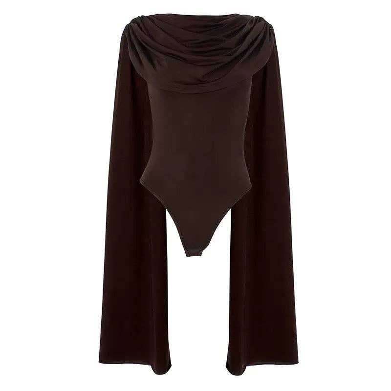 MB FASHION Draped Cape Sleeve Bodysuit 670: BLACK / M