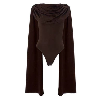 MB FASHION Draped Cape Sleeve Bodysuit 670: BLACK / M